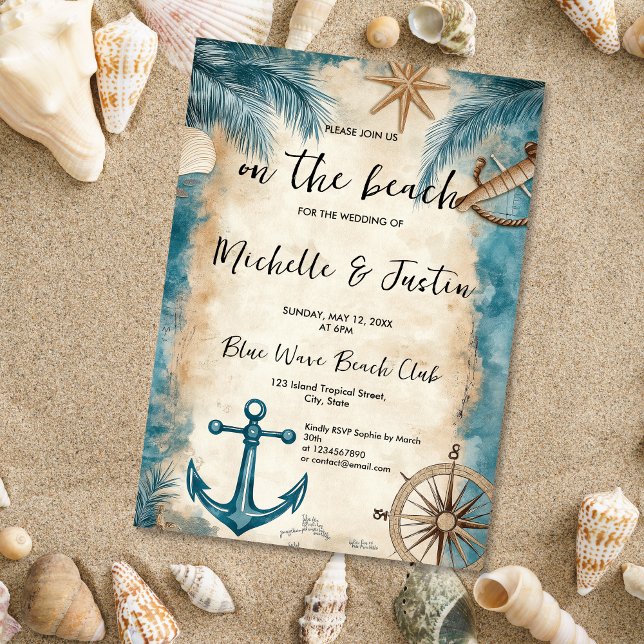 Vintage Map Beach Anchor Coastal Wedding Invitation (blue and beige anchor and vintage map coastal wedding invitation)