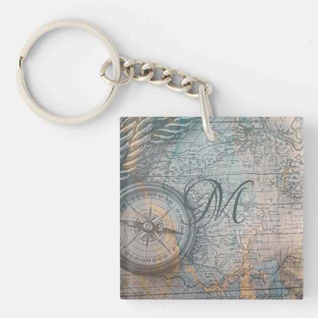 Vintage Map Compass Monogram Keychain (Front)
