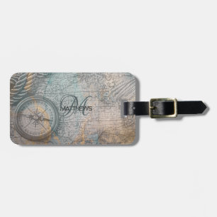 Vintage Map Compass Monogram  Luggage Tag