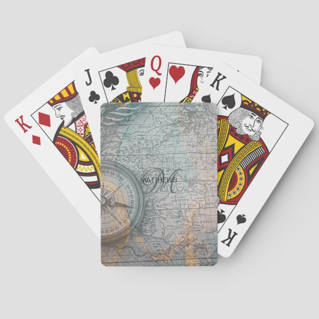 Vintage Map Compass Monogram Playing Cards (Back)
