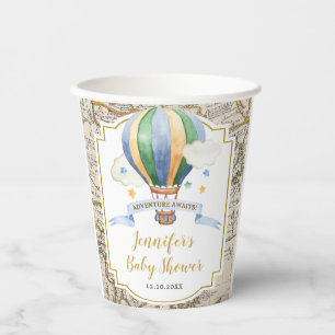 Vintage Map Hot Air Balloon Adventure Baby Shower Paper Cups