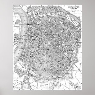 Vintage Map of Antwerp Belgium (1905) BW Poster