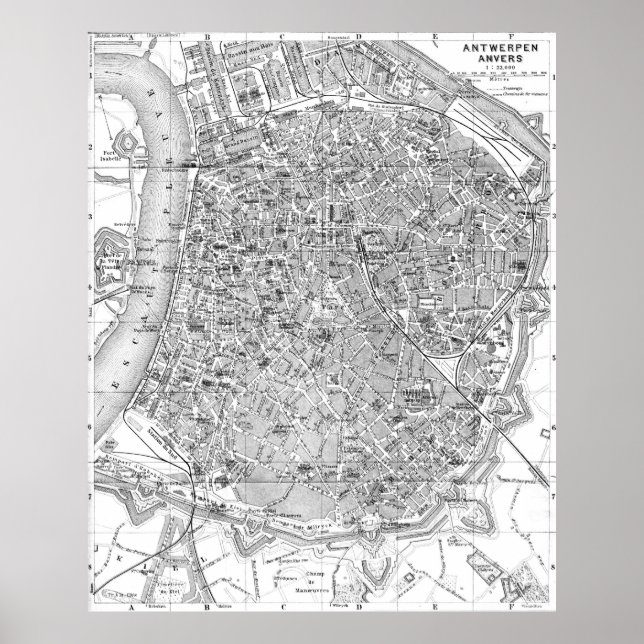 Vintage Map of Antwerp Belgium (1905) BW Poster (Front)