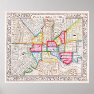 Vintage Map of Baltimore, 1860 Poster