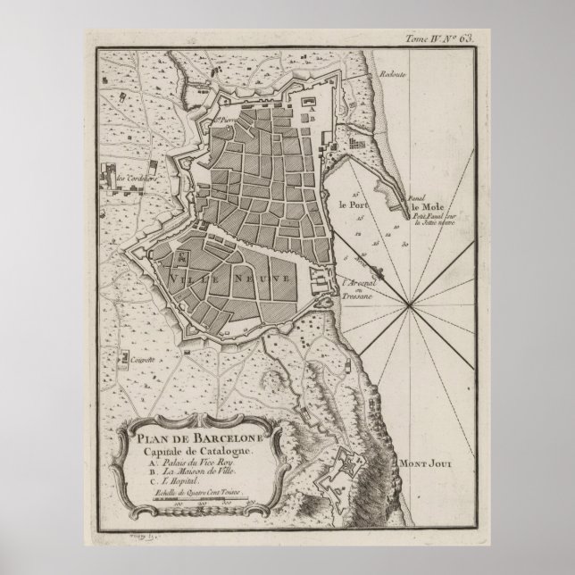Vintage Map of Barcelona Spain (1764) Poster (Front)
