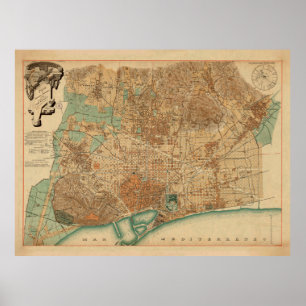 Vintage Map of Barcelona Spain (1890) Poster