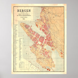 Vintage Map of Bergen Norway (1885) Poster
