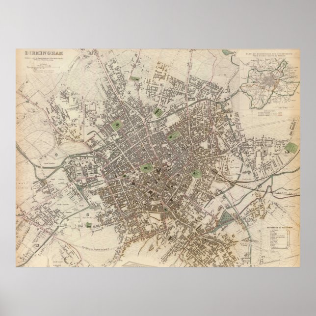 Vintage Map of Birmingham England (1839) Poster (Front)