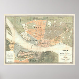 Vintage Map of Budapest Hungary (1850) Poster