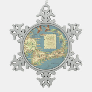 Vintage Map of Cape Cod (1940) Snowflake Pewter Christmas Ornament