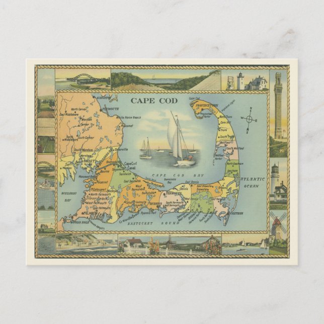 Vintage map of Cape Cod, Massachusetts Postcard (Front)