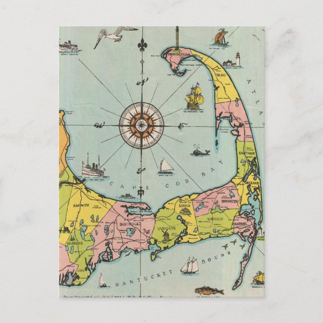 Vintage Map of Cape Cod Postcard (Front)
