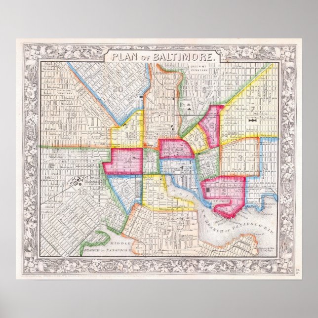 Vintage Map of Downtown Baltimore (1860) Poster (Front)