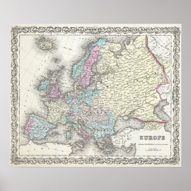 Vintage Map of Europe (1855) Poster (Front)