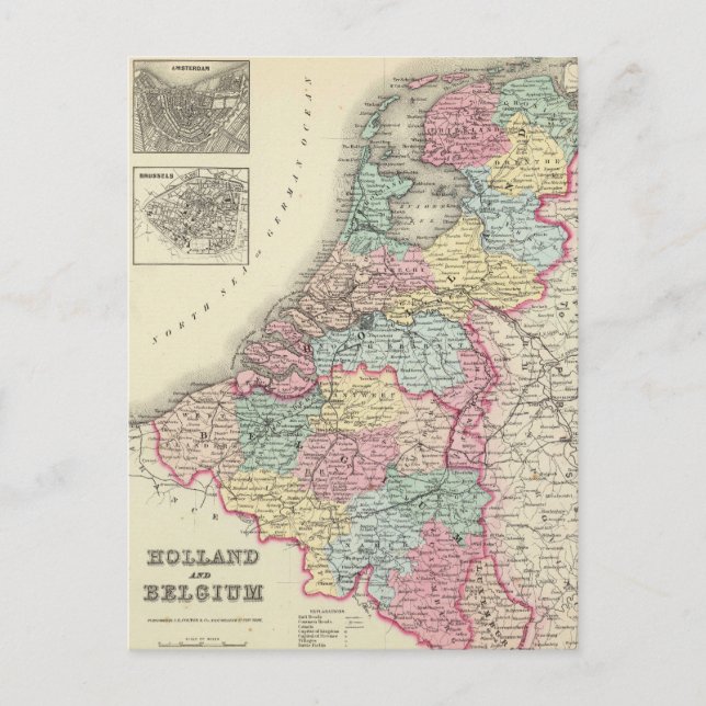 Vintage Map of Holland and Belgium (1856) Postcard (Front)