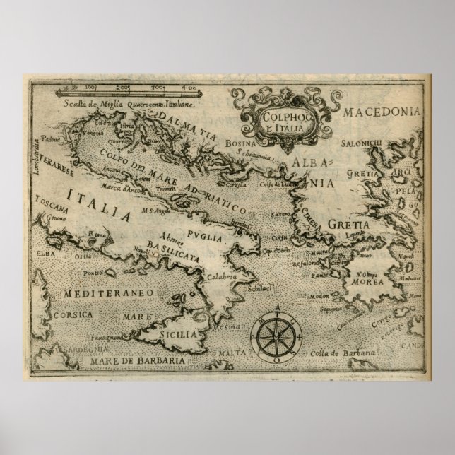 Vintage Map of Italy and Greece (1587) Poster (Front)
