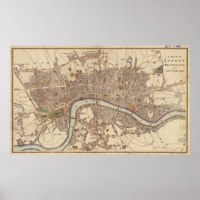 Vintage Map of London England (1807) Poster (Front)