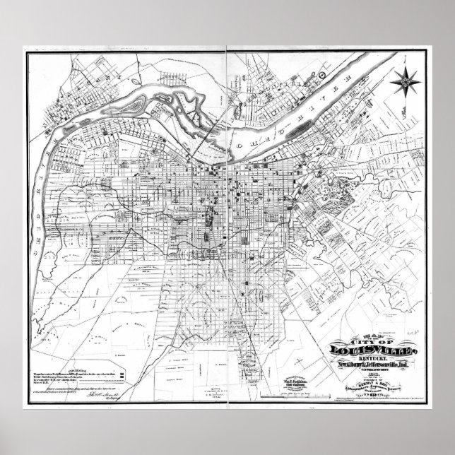 Vintage Map of Louisville Kentucky (1873) BW Poster (Front)