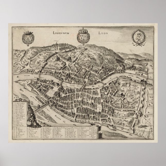 Vintage Map of Lyon France (1600s) Poster (Front)