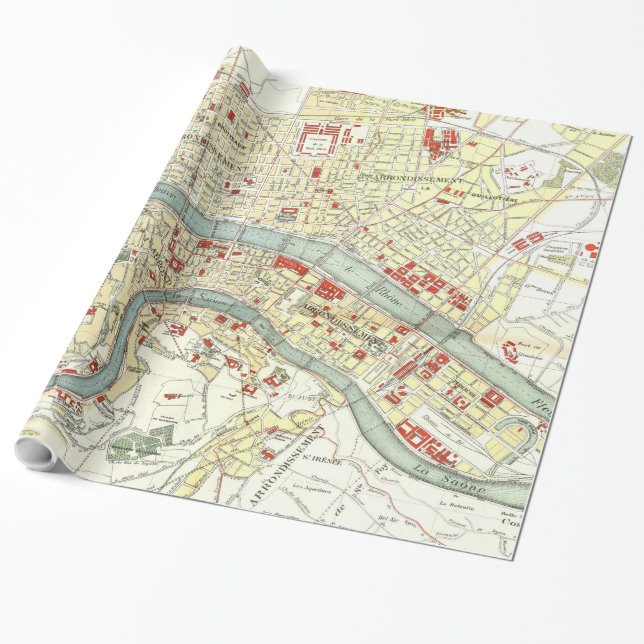 Vintage Map of Lyon France (1900) Wrapping Paper (Unrolled)