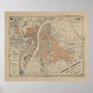 Vintage Map of Lyon France (1910) Poster