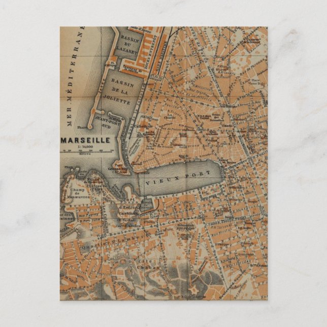 Vintage Map of Marseille France (1914) Postcard (Front)