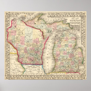 Vintage Map of Michigan and Wisconsin Poster 1867