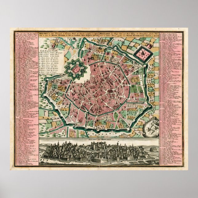 Vintage Map of Milan Italy (1730) Poster (Front)