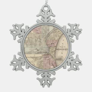 Vintage Map of Milwaukee (1880) Snowflake Pewter Christmas Ornament