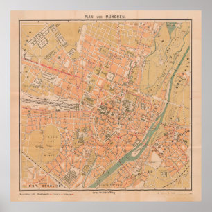 Vintage Map of Munich Germany (1890) Poster