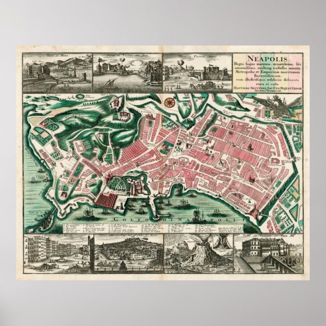 Vintage Map of Naples Italy (1730) Poster (Front)
