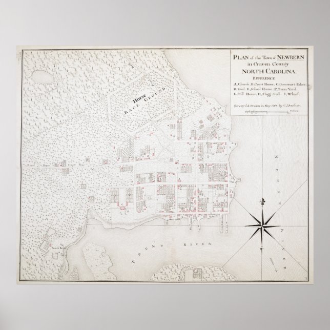 Vintage Map of New Bern NC (1769) Poster (Front)