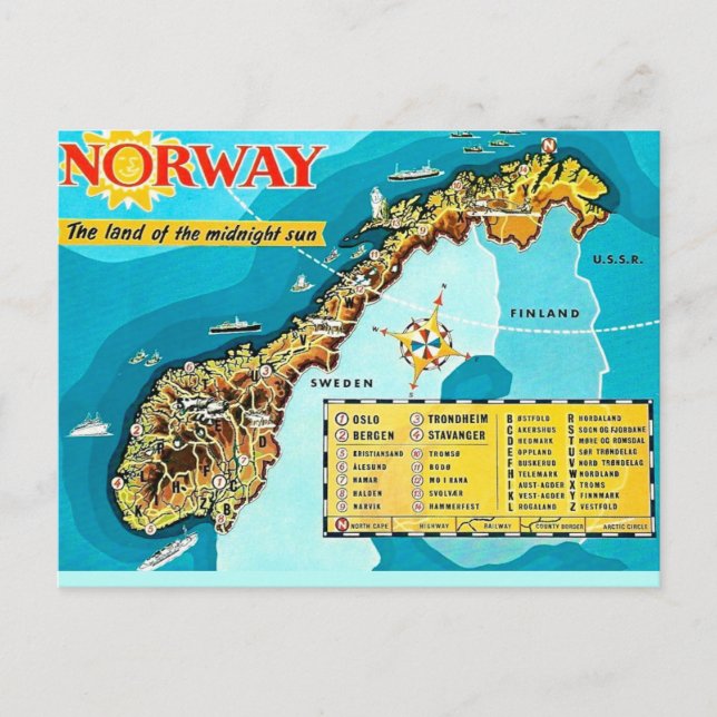 Vintage Map of Norway Postcard (Front)