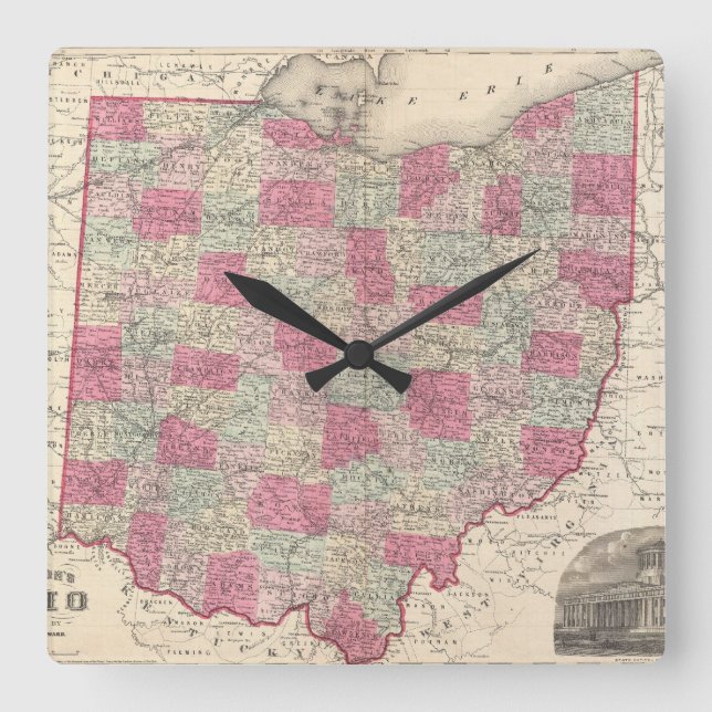 Vintage Map of Ohio (1864) Square Wall Clock (Front)