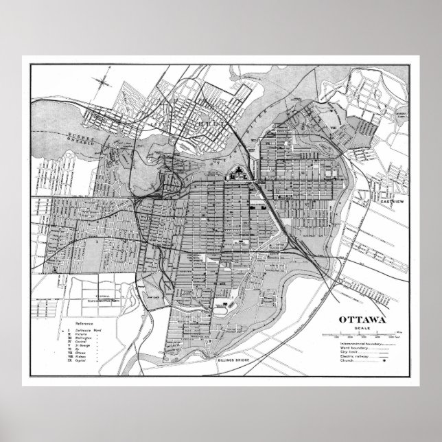 Vintage Map of Ottawa Canada (1915) BW Poster (Front)