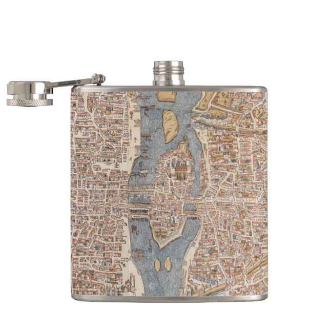 Vintage Map of Paris (1550) Hip Flask (Opened)