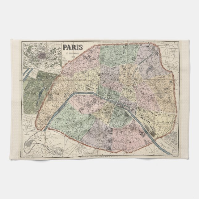 Vintage Map of Paris 1878 Kitchen Towel (Horizontal)