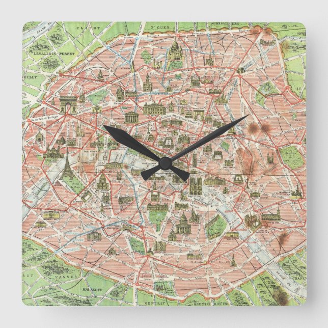 Vintage Map of Paris (1920) Square Wall Clock (Front)