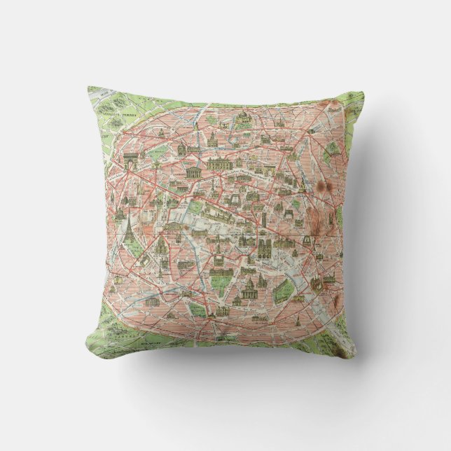 Vintage Map of Paris (1920) Throw Pillow (Front)