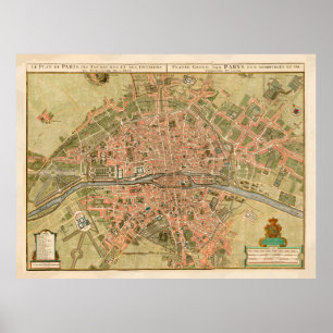 Vintage Map of Paris France (1720) Poster