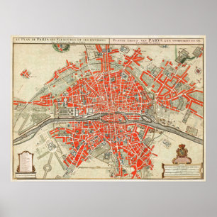 Vintage Map of Paris France (1721–1774) Poster