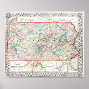 Vintage Map of Pennsylvania, 1867 Poster
