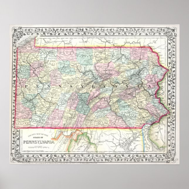 Vintage Map of Pennsylvania, 1867 Poster (Front)