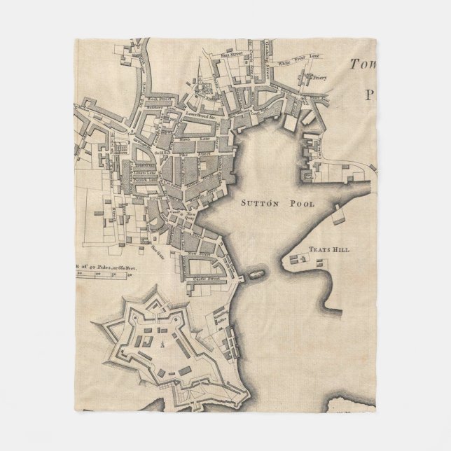Vintage Map of Plymouth England (1765) Fleece Blanket (Front)