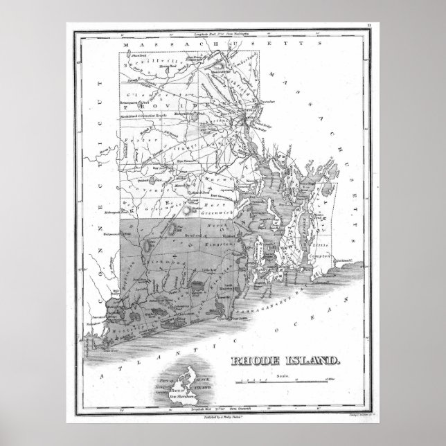 Vintage Map of Rhode Island (1827) BW Poster (Front)