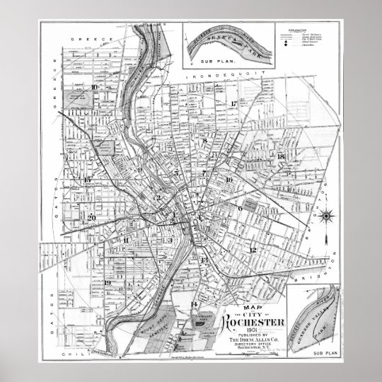 Vintage Map of Rochester NY (1901) BW Poster | Zazzle.ca