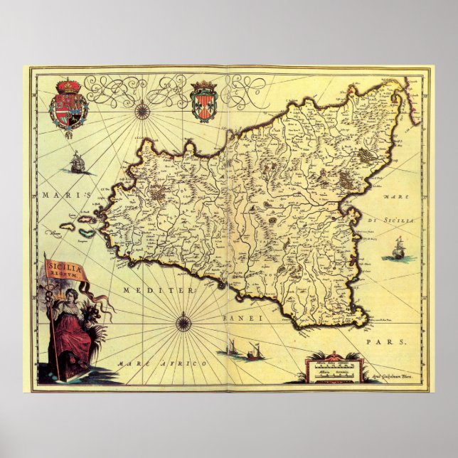 Vintage Map of Sicily Italy (1600s) Poster (Front)