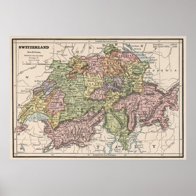 Vintage Map of Switzerland (1882) Poster (Front)