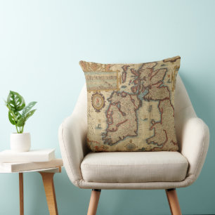 Vintage Map of the British Isles, 1552 – 1629 Throw Pillow