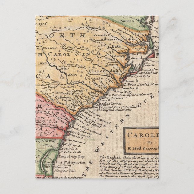 Vintage Map of the Carolinas (1746) Postcard (Front)